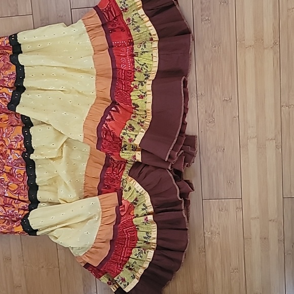 ALBERTO MAKALI Tiered Ethnic Mixed Pattern Fabric lace eyelet Midi Skirt SZ 14 - Picture 4 of 8